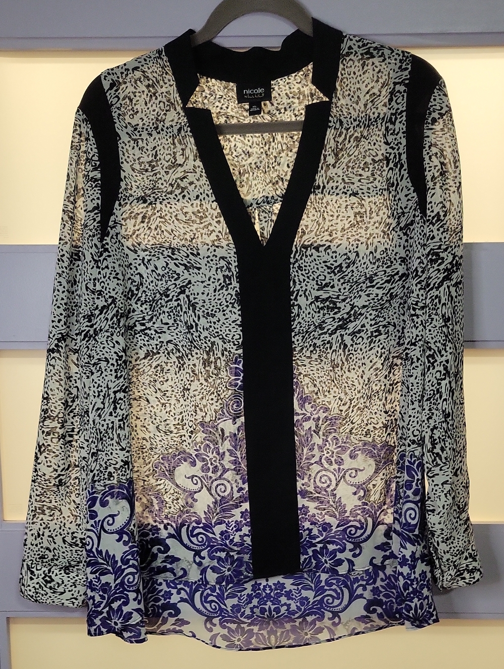 Nicole Miller Sheer V-Neck Blouse in Black, White and Blue
